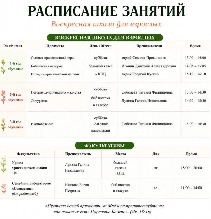 Расписание занятий Воскресной школы для взрослых на 2024-2025 гг