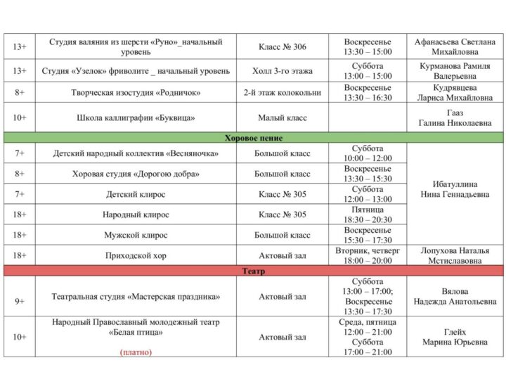 Расписание занятий в Воскресной школе храма на 2024–2025 учебный год